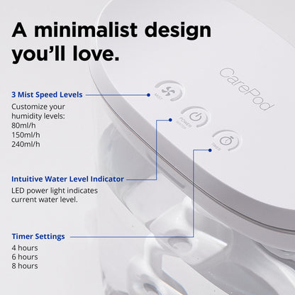 Carepod Mini humidifier — ultrasonic cool mist with easy clean design and auto shut-off