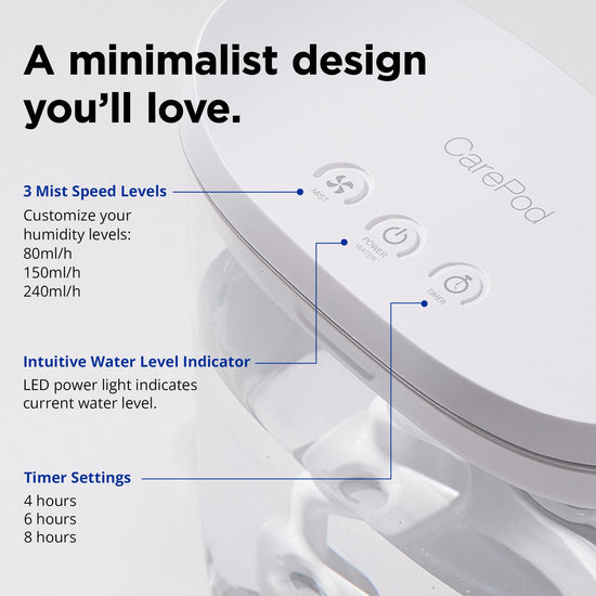 Carepod Mini humidifier — ultrasonic cool mist with easy clean design and auto shut-off