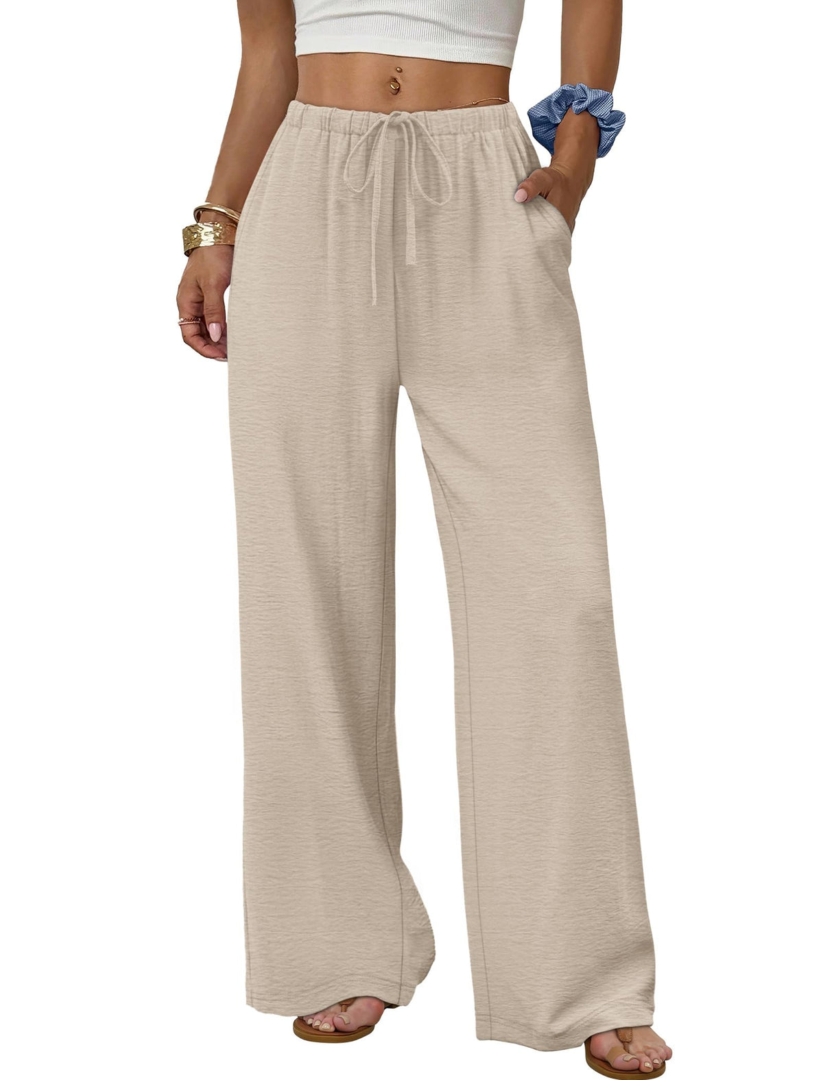 Sampeel linen pants — wide leg flowy beach vacation trousers in khaki M
