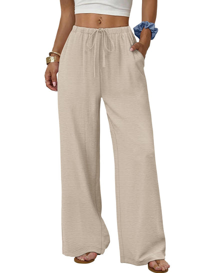Sampeel linen pants — wide leg flowy beach vacation trousers in khaki M