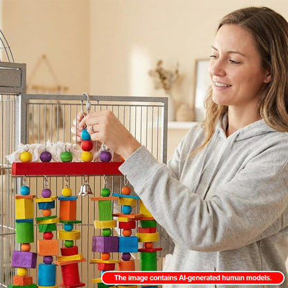 Extra Large Bird Toys for Macaws African Greys Cockatoos, 21.6" x 13" Heavy Duty Parrot Chewing Toy with Durable Stainless Steel Chain & Natural Wood Blocks, Large Bird Cage Accessories with Bell