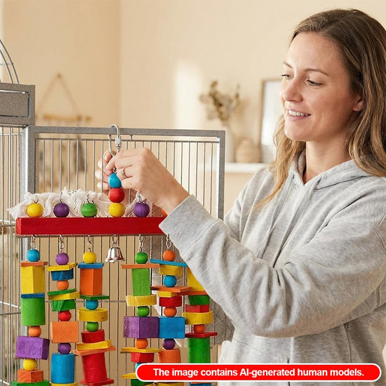 Extra Large Bird Toys for Macaws African Greys Cockatoos, 21.6" x 13" Heavy Duty Parrot Chewing Toy with Durable Stainless Steel Chain & Natural Wood Blocks, Large Bird Cage Accessories with Bell
