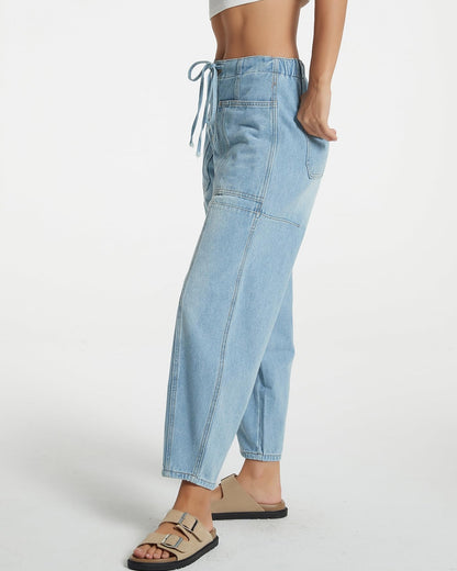 EZAPINE women casual cropped denim pants with pockets and elastic waist