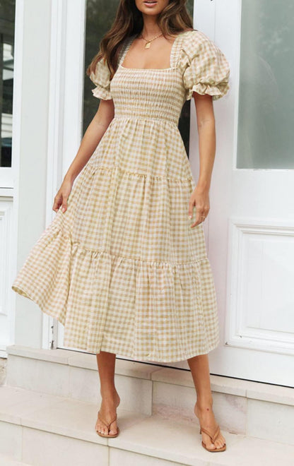 ZESICA dress — Boho gingham puff sleeve midi dress