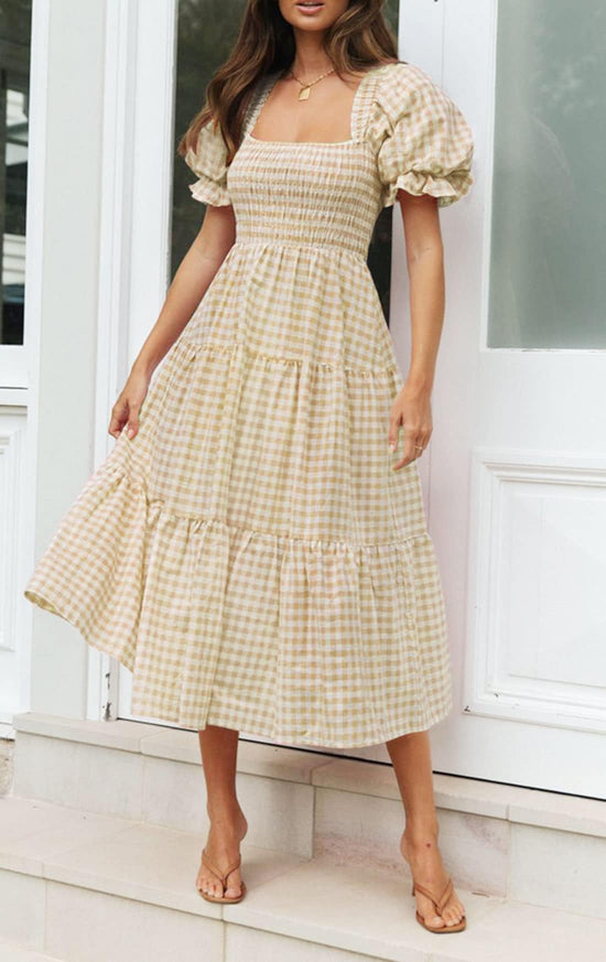 ZESICA dress — Boho gingham puff sleeve midi dress