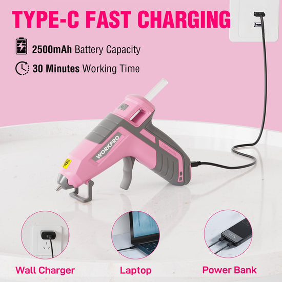WORKPRO hot glue gun - cordless, fast preheating and USB-C rechargeable