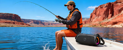 TAZATA portable loud Bluetooth speaker with large subwoofer and powerbank function.