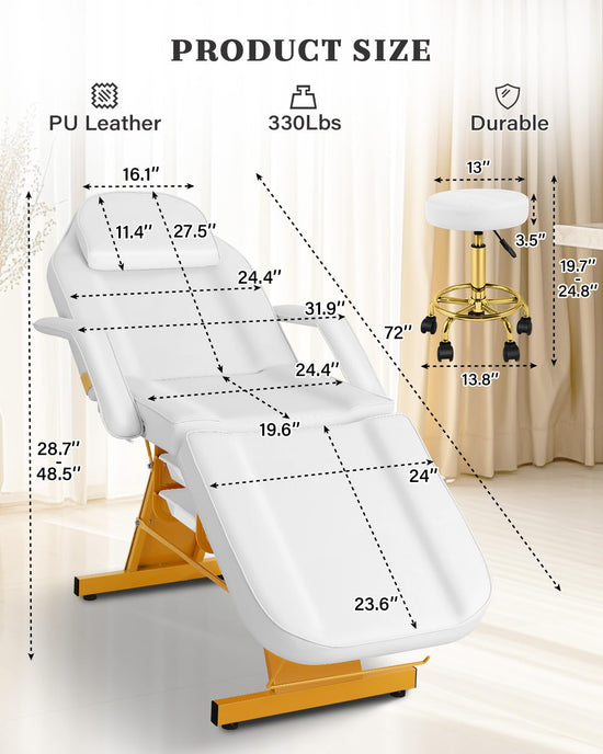 Tythical Tattoo Facial Chair for Clients, Multi-Purpose Esthetician Lash Wax Bed with Adjustable Backrest &Armrests, Professional Beauty Salon Spa Chair for Tattoo Shop Massage Furniture, White Glod