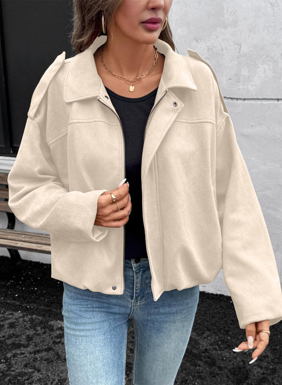 EVALESS women's bomber coat — faux suede with pockets and zip up design
