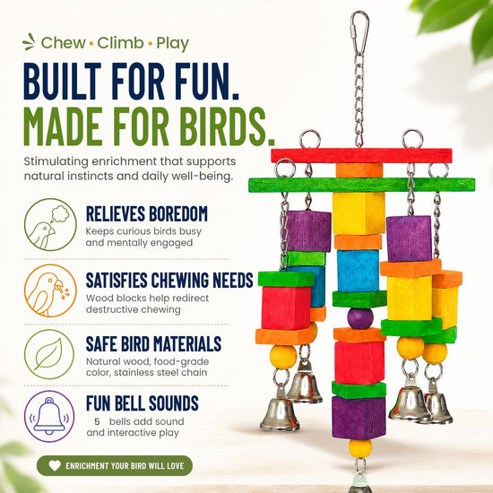 Zephyriel Bird Toys for Small to Medium Parrot, Natural Wooden Blocks with Bells, Stainless Steel Chain & Screw-Lock, Safe Shredding Parrot Toy for Conures, Cockatiels, Quakers, Parakeet