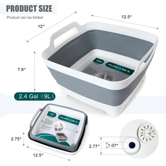 FOSJGO dish basin with drain - Collapsible portable 9 litres capacity sink