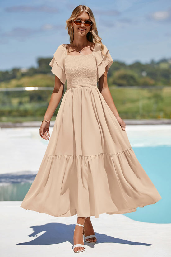 Dress — Square neck smocked high waist A line midi dress by Mascomoda