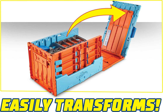 Hot Wheels toy vehicle set — race crate with stunts and portable storage track 8+ feet long