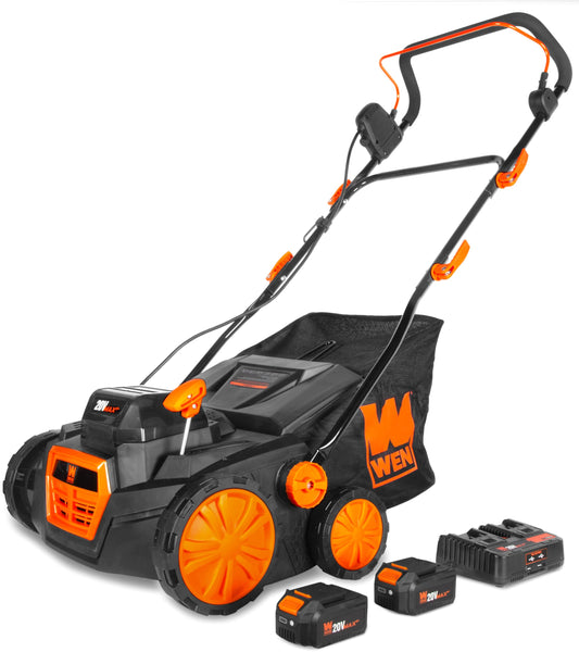 Wen 20V Max Cordless 15-Inch 2-in-1 Brushless Electric Dethatcher and Scarifier with Collection Bag