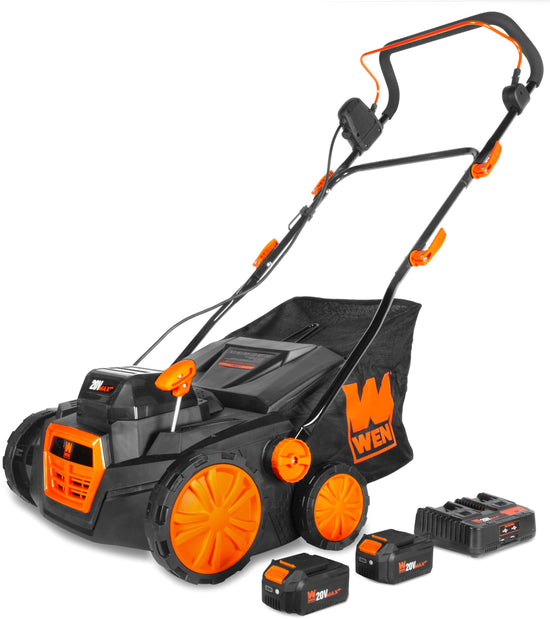 Wen 20V Max Cordless 15-Inch 2-in-1 Brushless Electric Dethatcher and Scarifier with Collection Bag