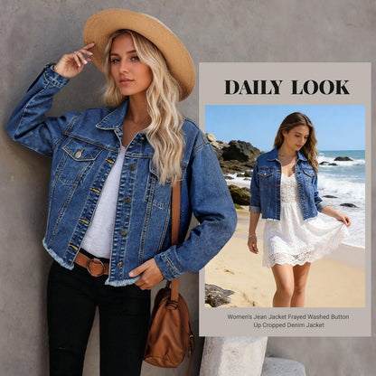 LONGBIDA women's cropped denim jacket with pockets