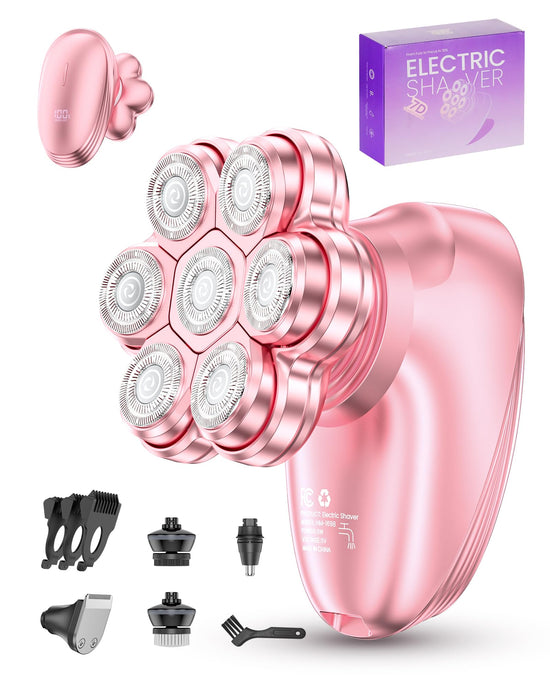 5-in-1 Electric Razors for Women, 7D Magnetic Heads Full Body Shaver, Waterproof Wet Dry Hair Remover with LED Display, Rechargeable Bikini Trimmer for Underarms, Face, Legs, Lips, Arms (Pink)
