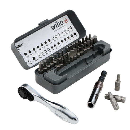 Wiha fastener drive bit set with mini ratchet and 32 pieces in GoBox