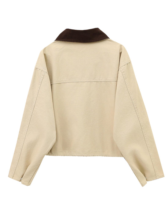 Megfie cropped coat — Contrast collar utility design with pockets and cargo styling