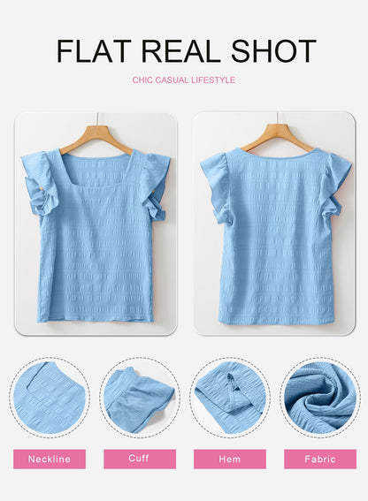 Shirt — Women's casual summer square neck tank top with ruffle chiffon detail