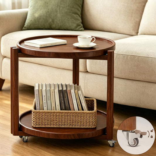 Taitiy rolling side table — solid wood with storage shelf and wheels in walnut 21.5