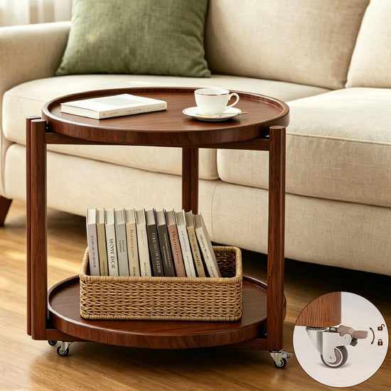 Taitiy rolling side table — solid wood with storage shelf and wheels in walnut 21.5