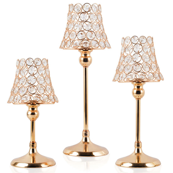 Gold Crystal Metal Candle Holders Set of 3 Tealight for Table Centerpieces