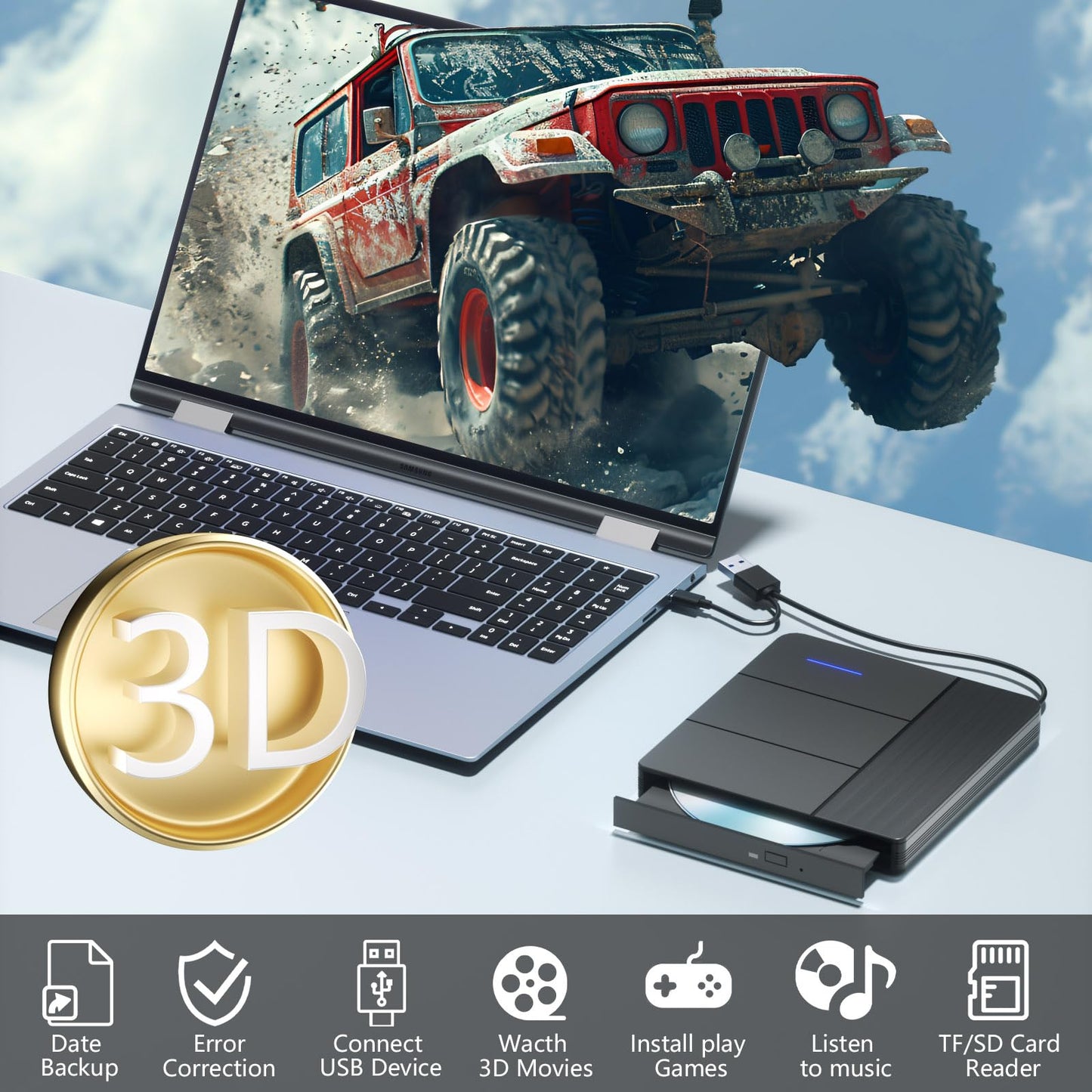 TYYWGD 7 in 1 External Blu-ray Drive,Support 100G Disc R/W BD DVD CD Player,Portable Burner USB3.0 SD/TF Card Slot for PC Compatible with Windows XP/7/8/10/11 Mac Laptop Desktop