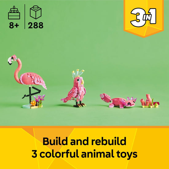 LEGO Creator building blocks — 3 in 1 wild animals set with pink flamingo, cockatoo, axolotl