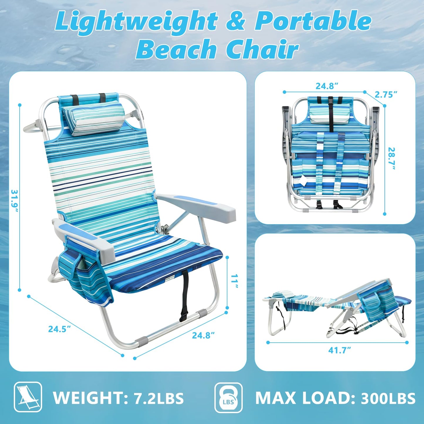 Folding Backpack Beach Chair for Adults, 5-Position Aluminum Lightweight Reclining Beach Chair, Low Sands Compact Chairs with Cup Holder and Padded Headrest for Lawn Patio Poolside,Supports 300lbs