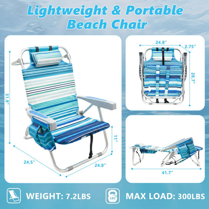 Folding Backpack Beach Chair for Adults, 5-Position Aluminum Lightweight Reclining Beach Chair, Low Sands Compact Chairs with Cup Holder and Padded Headrest for Lawn Patio Poolside,Supports 300lbs