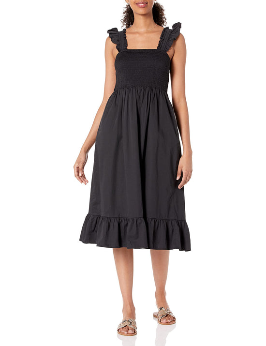 Dress — Kimi ruffled shoulder smocked midi by The Drop