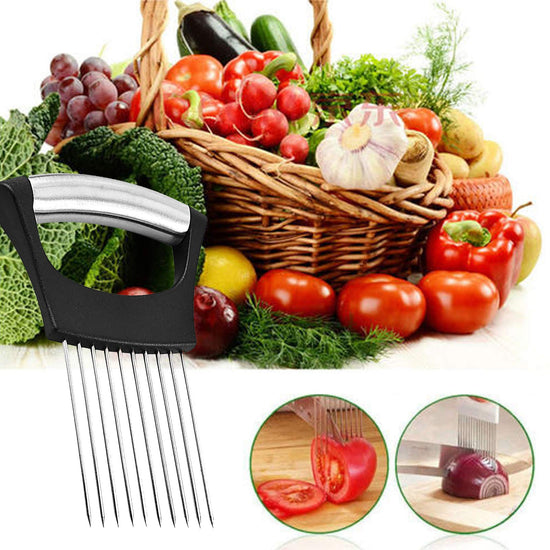 Stainless steel onion slicer holder — versatile kitchen utensil for slicing vegetables