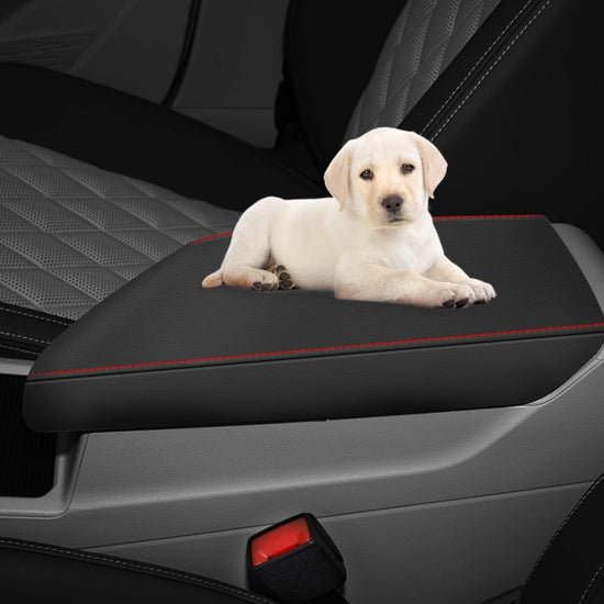 Vehicle seat cover — AOMSAZTO armrest cover for 2019-2025 VW Jetta in black with red stitches