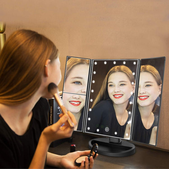 Flymiro tri-fold lighted vanity makeup mirror — 180° rotation with touch screen LEDs