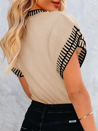 Shirt — Women's short sleeve ruffle striped knit sweater by Saodimallsu