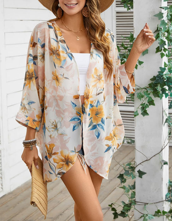 Women's kimono cardigan with floral print chiffon and bat sleeves