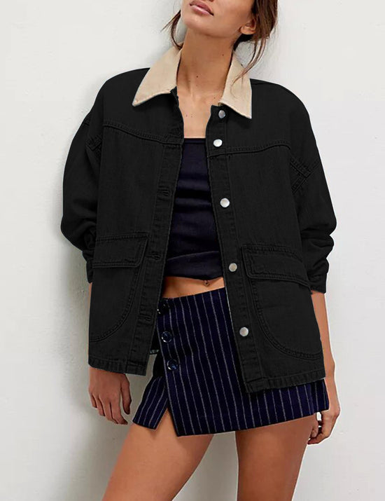 Coat — Oversized denim jacket with contrast trim and pockets