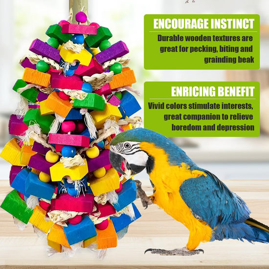 KTCWPAW Large Parrot Chew Toys, Colorful Natural Wood Hanging Shredding Toy, Heavy Duty Beak Grinding Enrichment Toy for Macaw, Cockatoo, African Grey Large Bird Cage Accessories