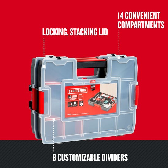 CRAFTSMAN portable tool box with 14 compartments and secure latch lid