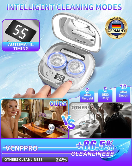 Contact lens cleaner — Rechargeable ultrasonic cleaning with smart modes and 50KHz motor
