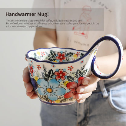 ALMA soup bowl with loop handle - Handpainted Polish pottery style, microwave safe