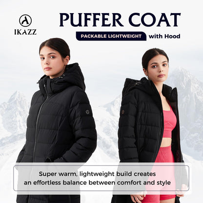 IKAZZ women's coat - packable long hooded vegan down parka jacket