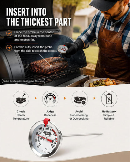 Meat Thermometer for Oven 304 Stainless Steel Probe, 40‑220°F, 2pc