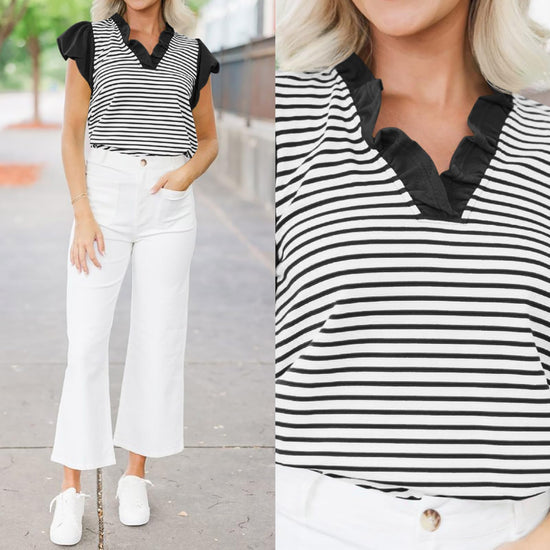 Shirt — Ruffle cap sleeve with pleated v neck design