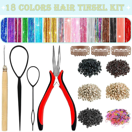 Hair extension — 18 colors hair tinsel kit with 7600 strands for girls