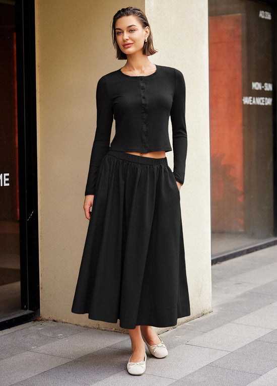 Coordinated outfit — Ribbed button down cardigan and elastic waist skirt set