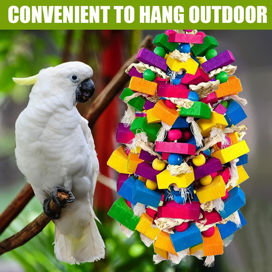 KTCWPAW Large Parrot Chew Toys, Colorful Natural Wood Hanging Shredding Toy, Heavy Duty Beak Grinding Enrichment Toy for Macaw, Cockatoo, African Grey Large Bird Cage Accessories