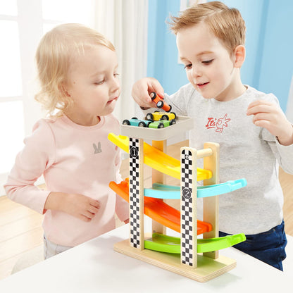 Toy vehicle set — Wooden race track with 4 mini cars for toddlers 1-2 years old