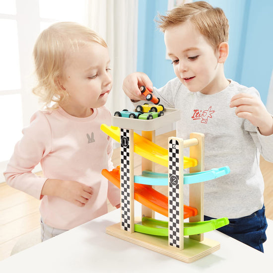 Toy vehicle set — Wooden race track with 4 mini cars for toddlers 1-2 years old
